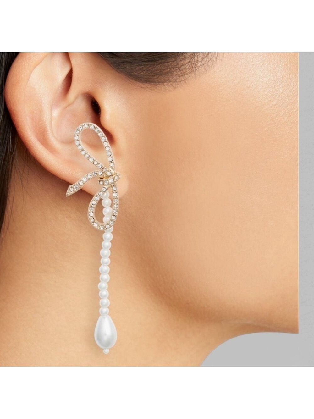 Open Edit-Crystal Bow Faux Pearl Drop Earrings-Gold/White-NWT - Picture 2 of 4